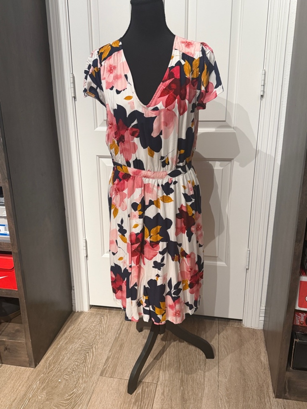 Old Navy White Mini Dress with Pink, Navy & Mustard Floral Print